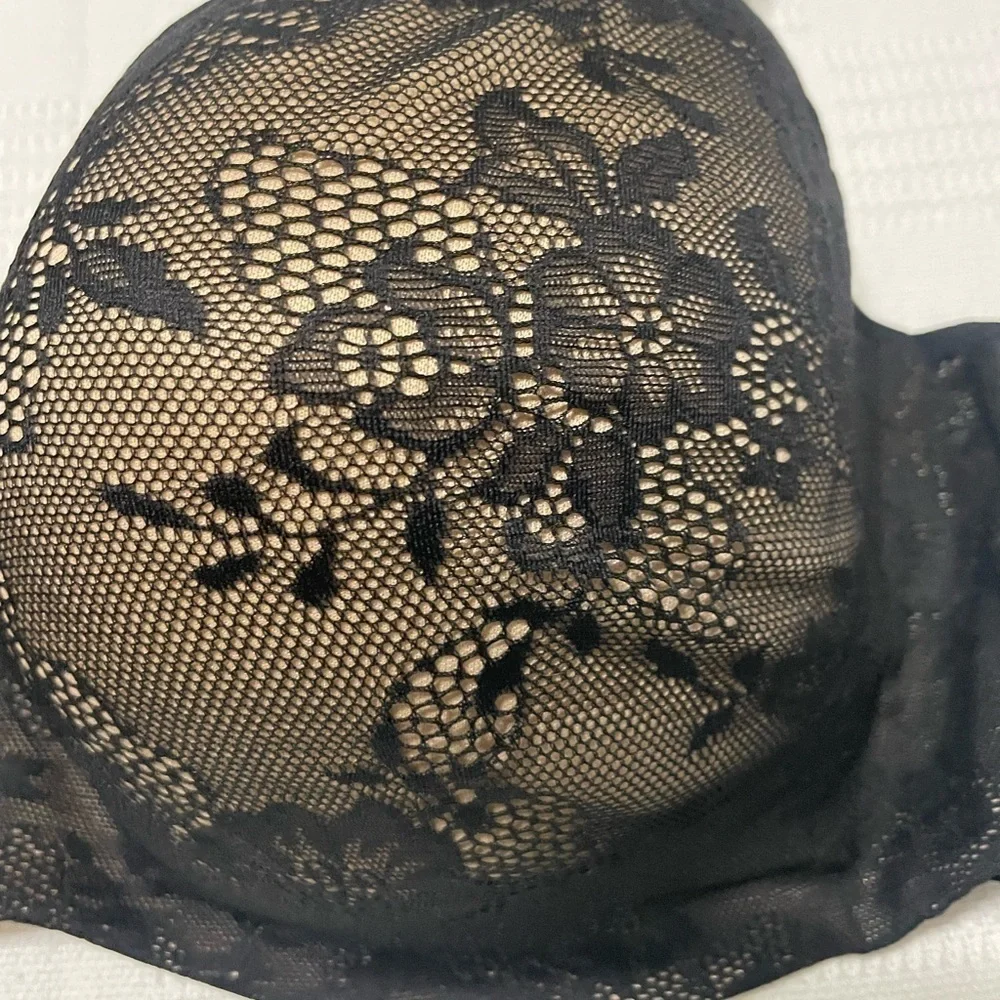 Cacique 44DD  Full Coverage  black lace  Bra with tan lining